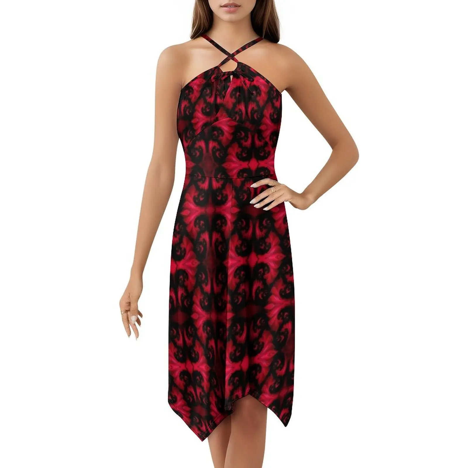 فستان أسود وأحمر كسورية نارية مجردة على شكل قلب فستان أنيق للحفلات الصيفية للنساء كسورية نارية باللونين الأسود والأحمر