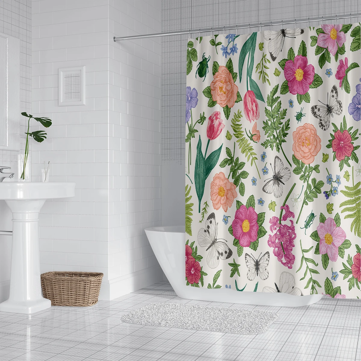 1 piece of 180x180cm printed shower curtain with floral pattern, 12 hooks, waterproof and mold resistant partition