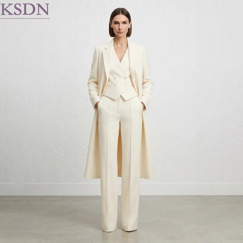 Cream Tailored Fit Women's Suits Maxi Single Breasted Notch Lapel Jacket Vest High Waist Wide Leg Pants Luxury Minimalis Blazer