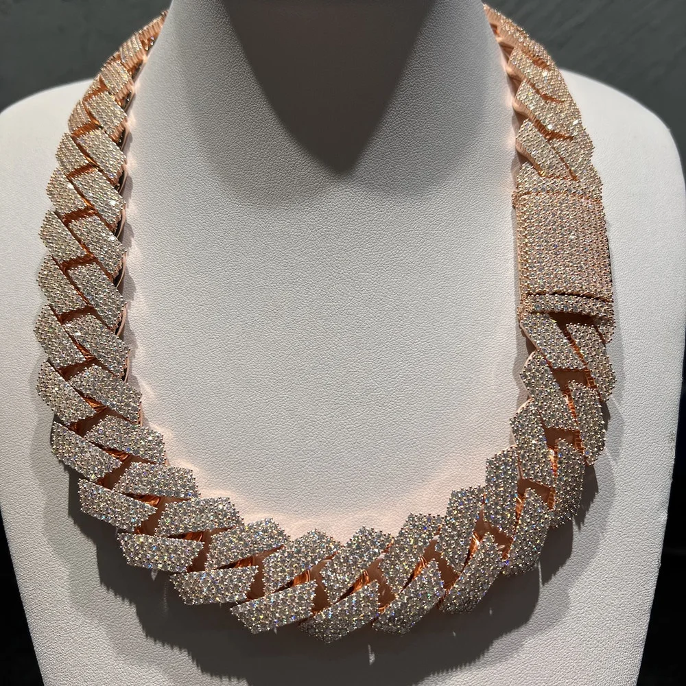 

Gorgeous Bulky Rose Gold Plated 24mm 4 Rows 925 Silver Iced Out Moissanite Cuban Link Chain