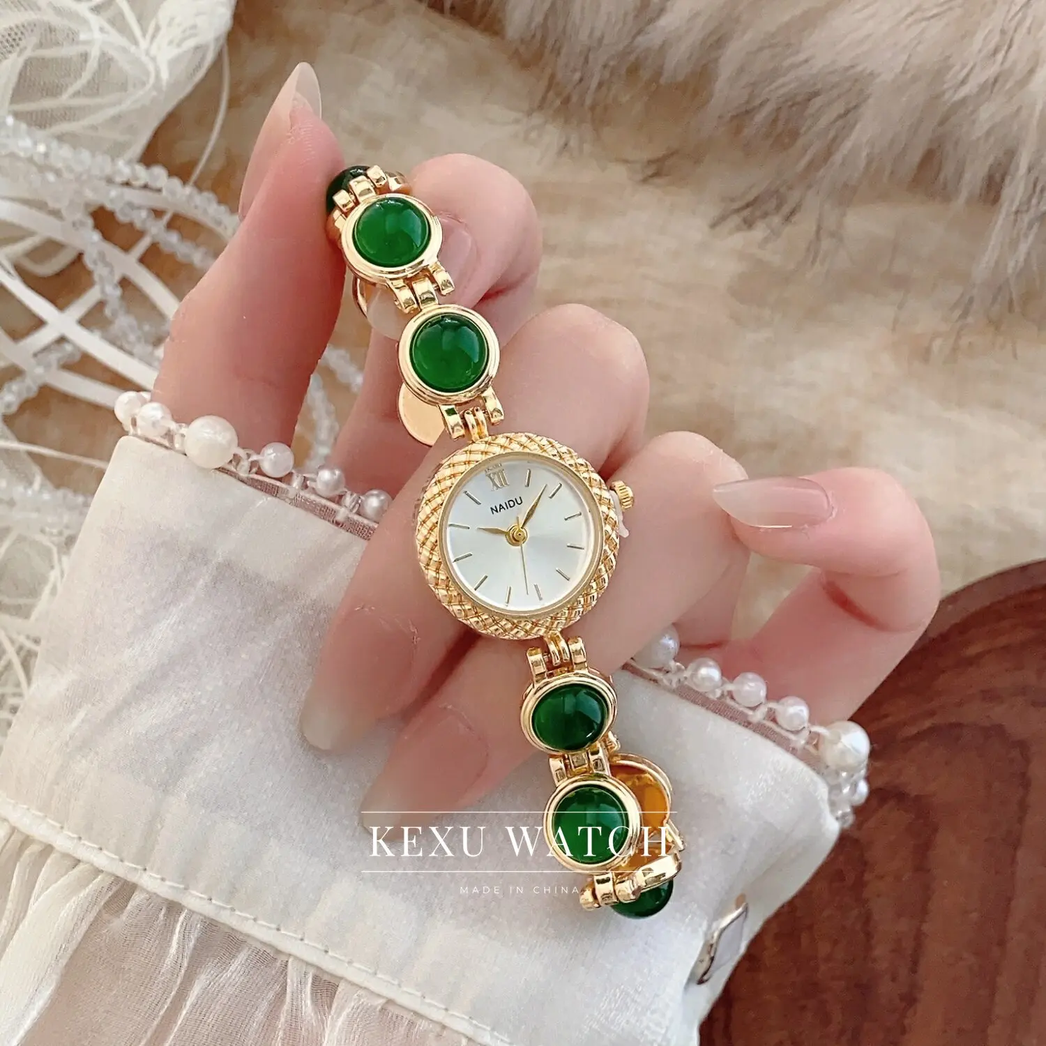 Vintage-Inspired Chinese Bead Stone Watch for Women: Petite Elegant Quartz