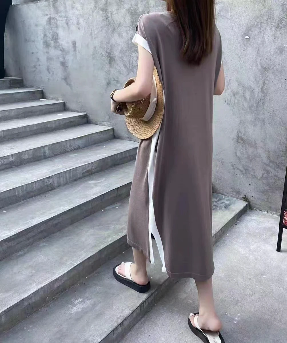 Oversized Korean Fashion Knit Dresses Women Summer Casual Loose O-neck Split Contrast Color T-shirt Dress Harajuku Clothing