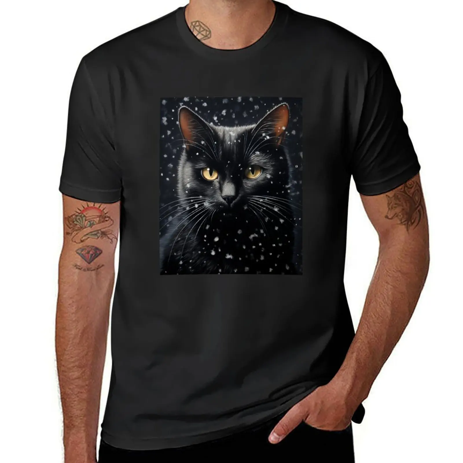 Black Cat Surrounded by Snow Flakes T-Shirt boys whites vintage clothes Blouse men clothing