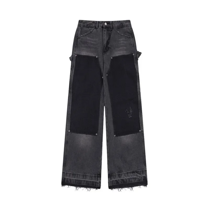 

LIBIELIY Four Seasons Men's Black Spliced Color-coded Casual Jeans Pants Loose Washed Vintage Hole High Street Wide Leg Denim Tr