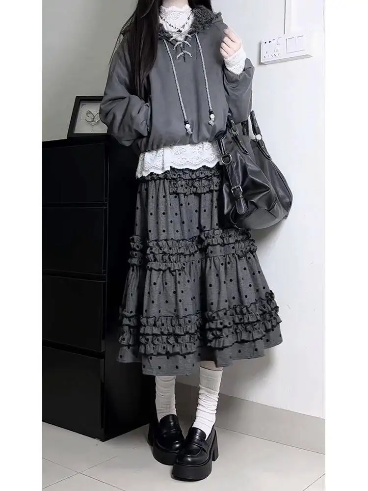 

Серая винтажная юбка А-силуэта в горошек с завышенной талией в стиле Хепберн, женская летняя японская модная повседневная юбка-пэчворк в стиле кавайи, длинная многоярусная юбка