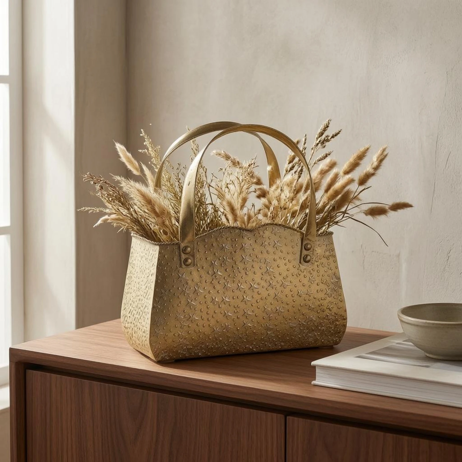 Handbag-Shaped Metal Container Textured Arched Handle Storage Accent Tabletop Decor Piece