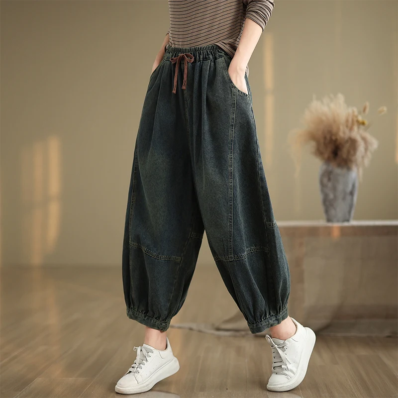 

Harajuku Sle Loose Fit Denim Jeans Bell Bot Wide Leg Carrot Pants Trendy Versatile Nine-Piece Lantern Pants for plus Si...