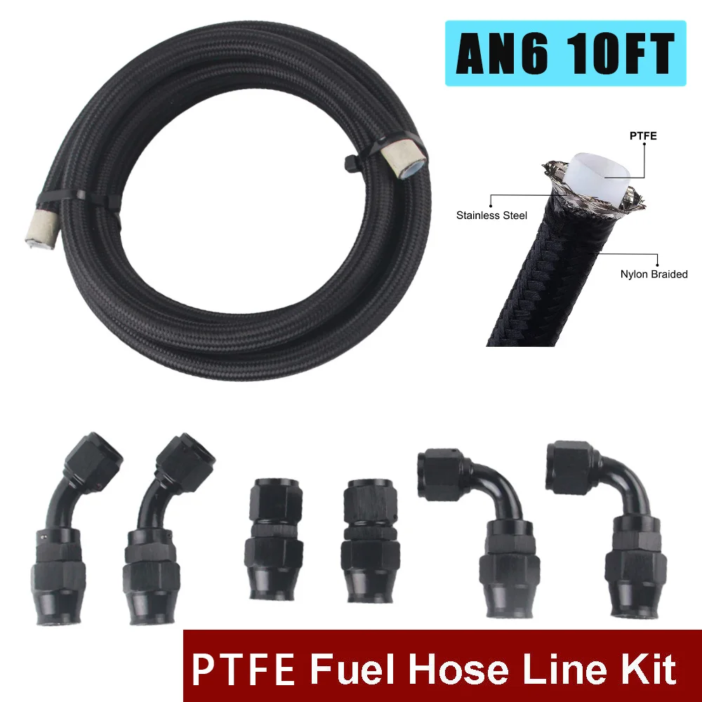 

10FT -6AN 8AN AN10 AN4 3M E85 Tube Nylon Stainless Steel Braided PTFE Black Fuel Line Fitting Kit with 6 pcs Swivel Hose Ends