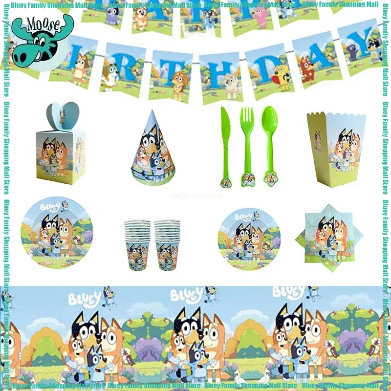 

Moose Bluey Birthday Party Supplies Disposable Tableware Paper Plates Paper Cups Tissues Birthday Party Decoration Children Like