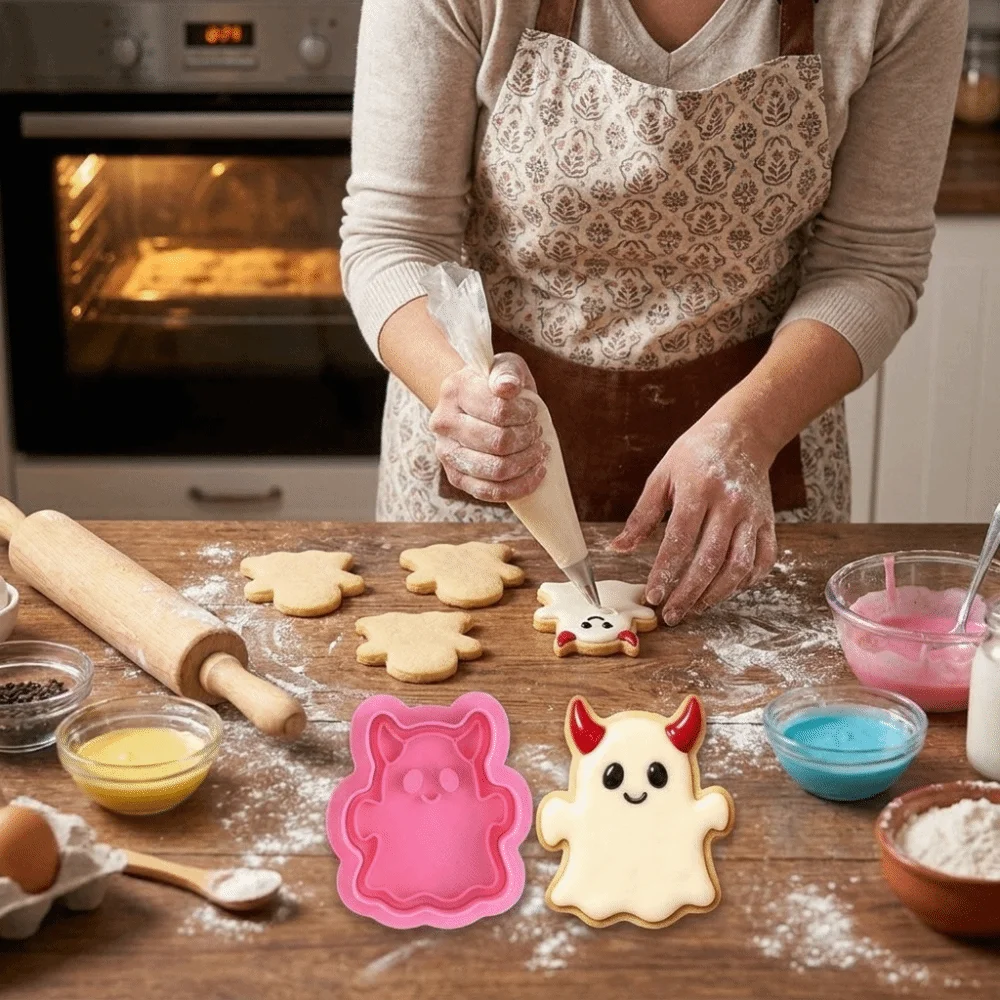 DIY 3D Cartoon Ghost Pressing Cookie Mold Plastic Mini Halloween Cookie Cutters Bat Non-Stick Fondant Molds Party