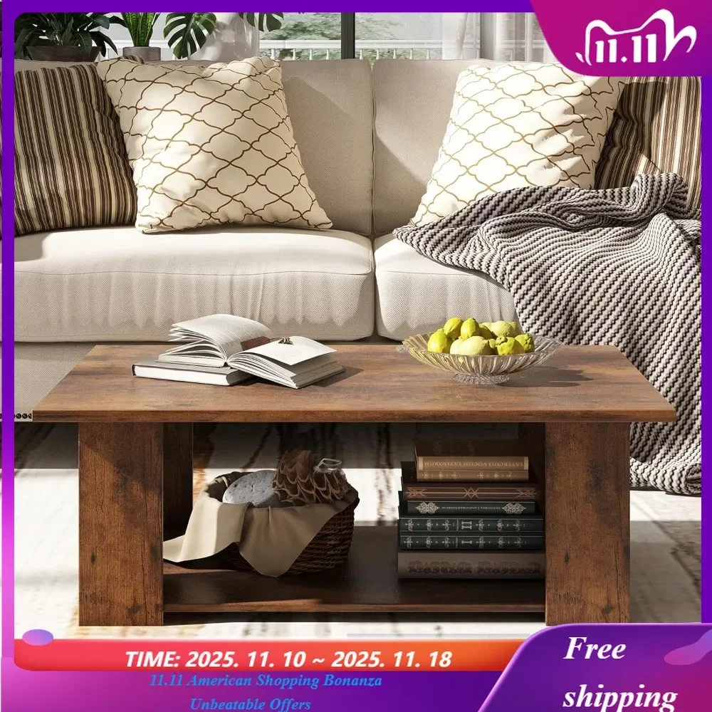 

2-Tier Coffee Table, Modern Rectangular Center Cocktail Table with 5 Support Legs, Wooden Accent Living Room Customized