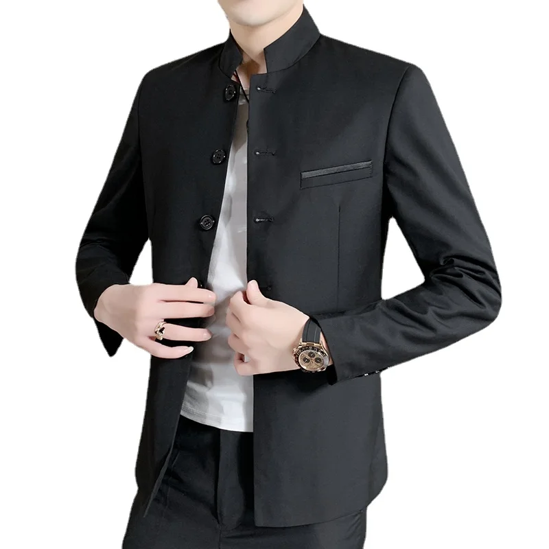 Qj Cinga Brand Men Business Banquet Party Suit Jacket 2023 New Pure Color Stand Collar Blazer Homme Chinese Style Clothes