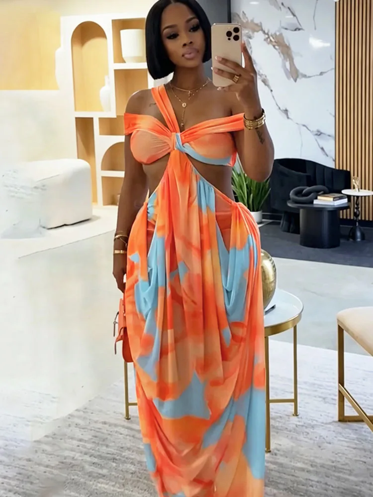 Sexy schulterfreie Boho-Maxikleider für Damen – Urlaub, Strand, Cut-Out, geraffter Print, Club-Party, langes Kleid