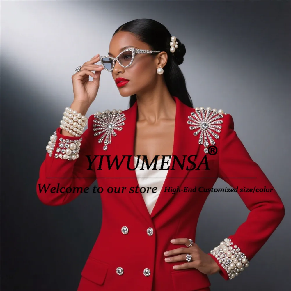 Crystals Beaded Suits Women For Wedding Customized 2 Pieces Double Breasted Jacket Pants Mother Of Bride Dress Lady Party Gowns