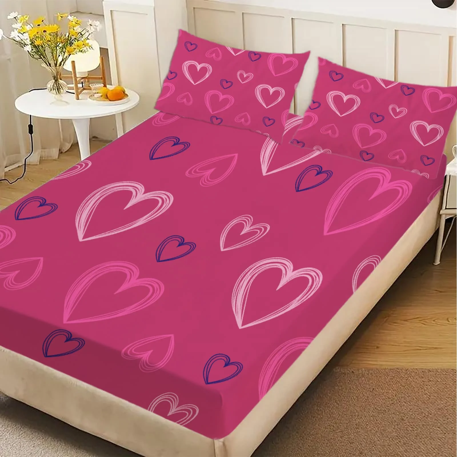 1-pc Pink Heart Design Bed Sheet -100% Polyester, Digital Print, Breathable All-Season Fitted Sheet