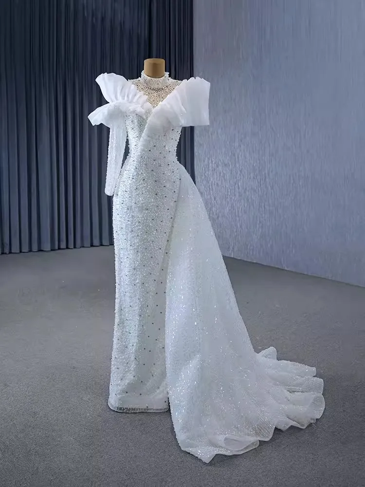 Saudi Arabic Luxury Bride Wedding Dresses 2024 High Neck Pearls Full Length Bridal Gown With Train Formal Evening robe de mariée