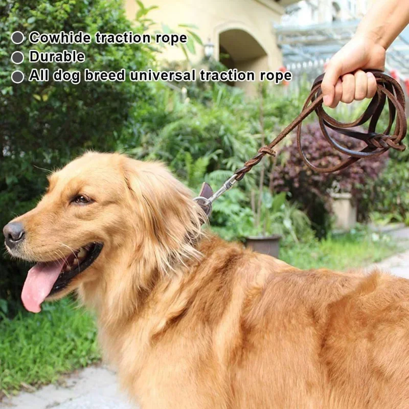 Dog Leash Long Genuine Leather Dogs Leashes Braided Pet Walking Training Leads Brown Color For Medium Large Dog Strong Heavy Pet