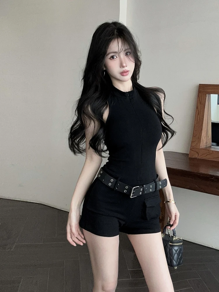 

Black Sleeveless Zipper Neck Hanging Shoulder Slim Fit Short Pants Sexy Trendy High Waist Zipper Closure Comfortable Breathable