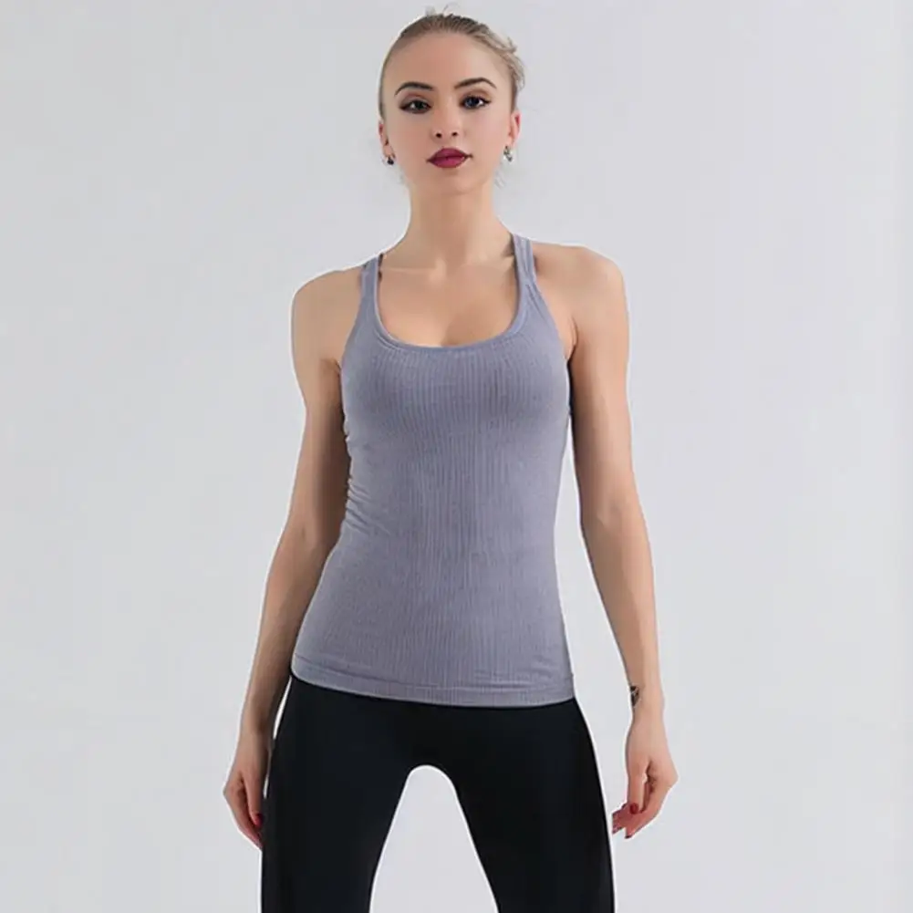 Women Sports Vest High Elasticity Women\'s Padded Sports Vest for Lady Fitness Tank Top Slim Fit U Neck Solid Color Sleeveless