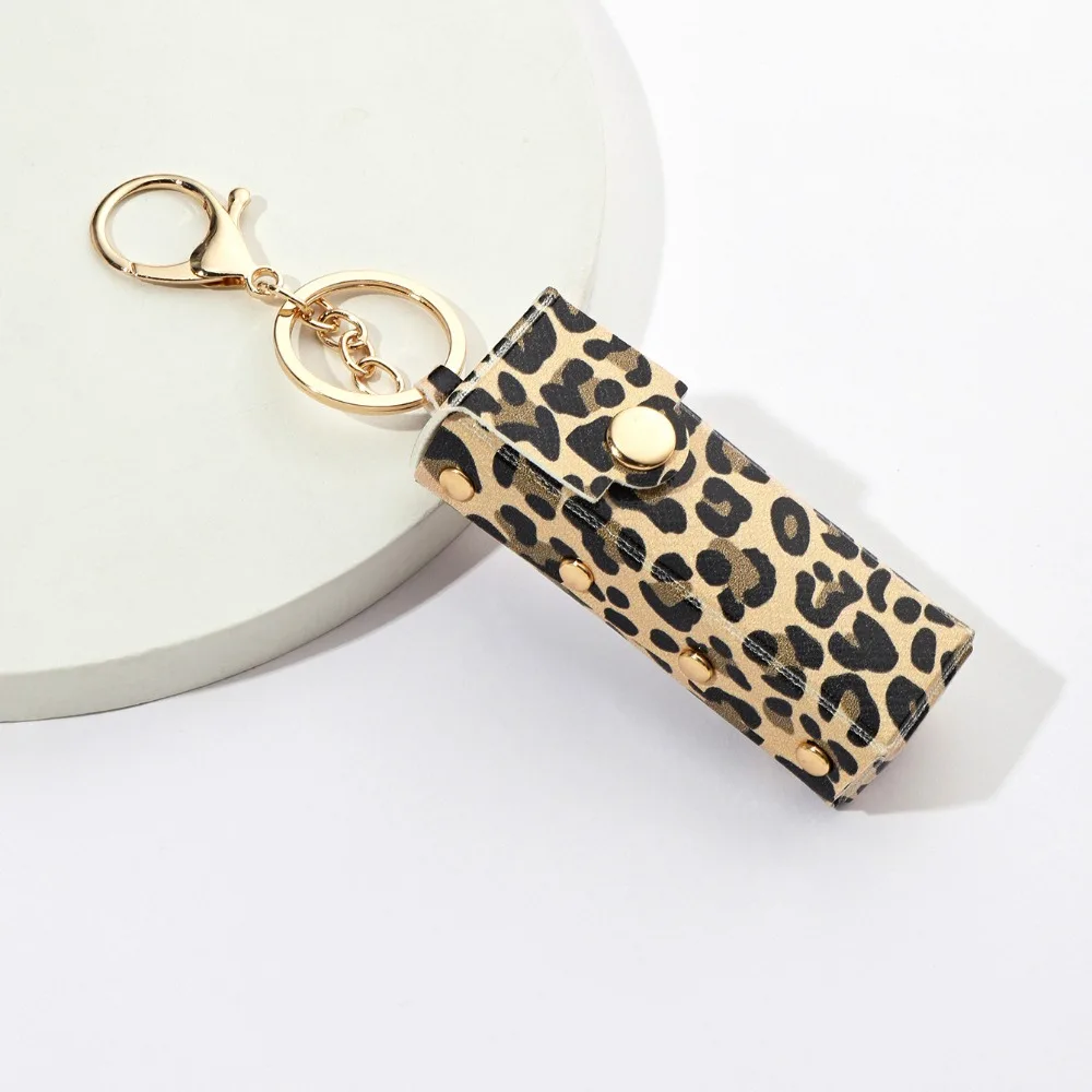 Trendy Leopard Print Leather Keychain Portable Lipstick Bag Keyring Pendant Key Ring Chain Bag Charm