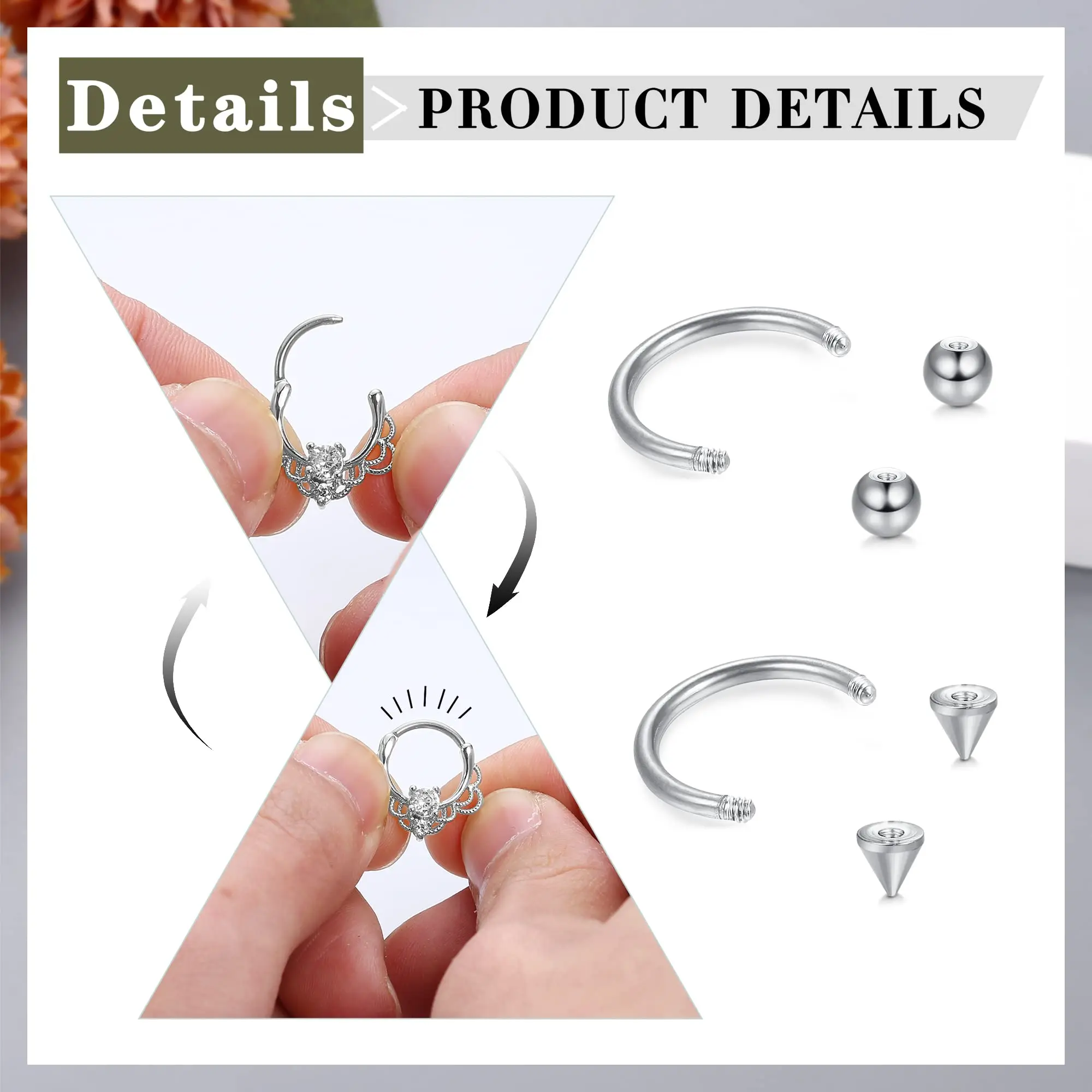 Anelli del setto Drperfect 16G Daith orecchini anello al naso cerchio in acciaio inossidabile CZ opale cartilagine Helix Tragus Clicker Piercing Jewelry