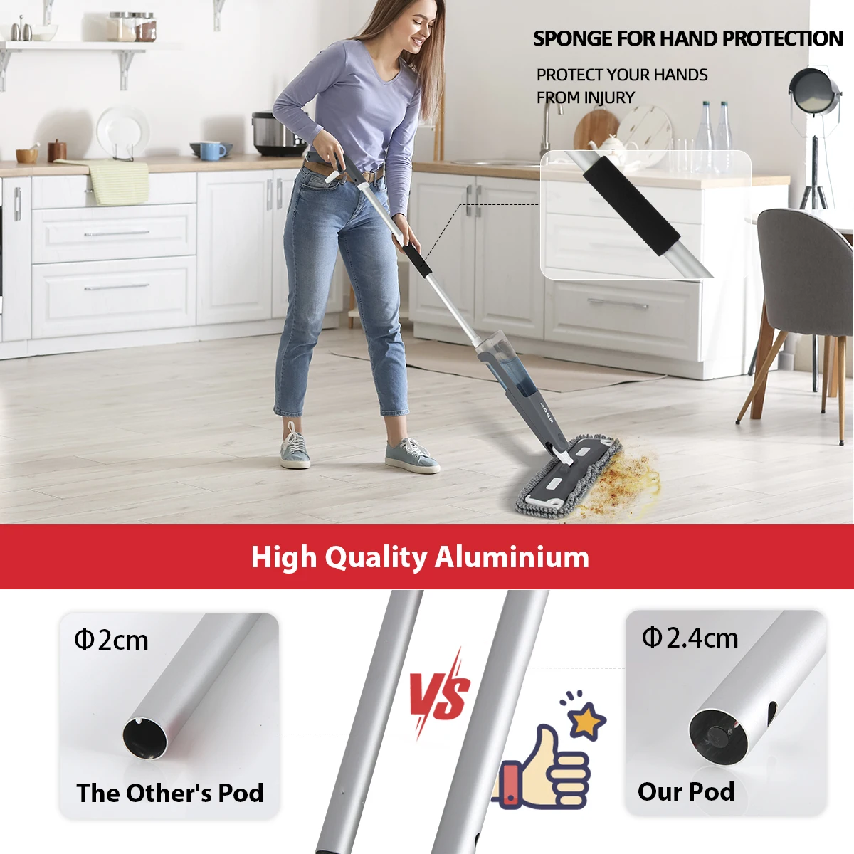 DARIS Spray Mop, 780ml Bottle, 4 Microfiber Mop Pads, Scraper, Mop Clip, Wet and Dry Use, Flat Floor Cleaning Mop