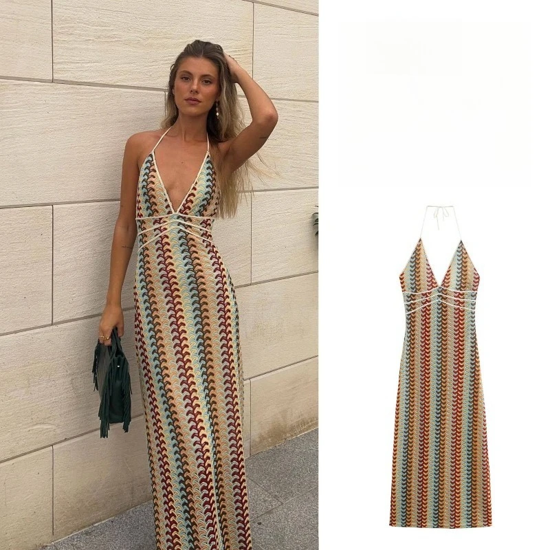 NIEUWE Vrouwen V-hals Zomerjurk Vrouwen Sexy Hoge Taille Mouwloze Backless Halter Elegante Party Strand Jurk Prom Gown