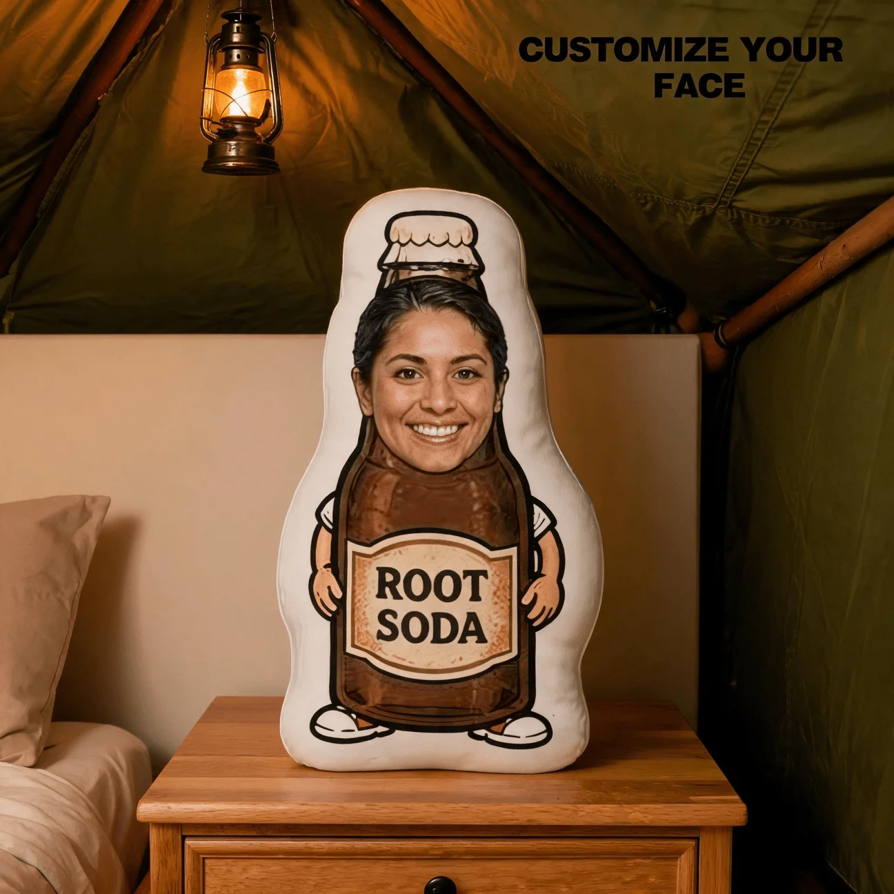 Custom Photo Root Soda Bottle Shaped Pillow, Personalized Funny Face Decorative Cushion, Unique Novelty Home Decor Accent for So