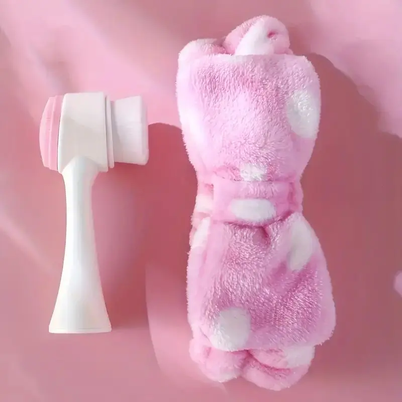 Face Wash Brush & Headband Set - Double Side Soft Bristles & Silicone Face Cleaning Brush Spa Headband For Face Skin Care - Gift