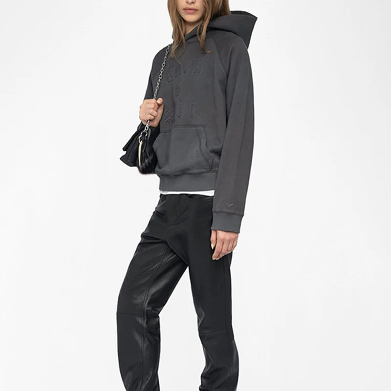 المرأة رمادي داكن هوديس الصوف القطن البلوفرات الإناث رسالة أجنحة مطرزة مقنعين البلوز سيدة طويلة الأكمام البلوز القمم