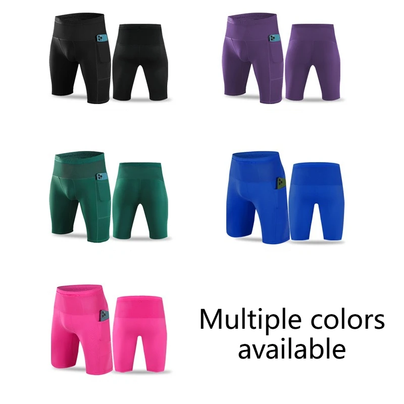 Marathon Quarter Running Shorts Quick Dry Elastic Compression Tight Sports Shorts with Waist Pocket for Gym Cycling Fitness