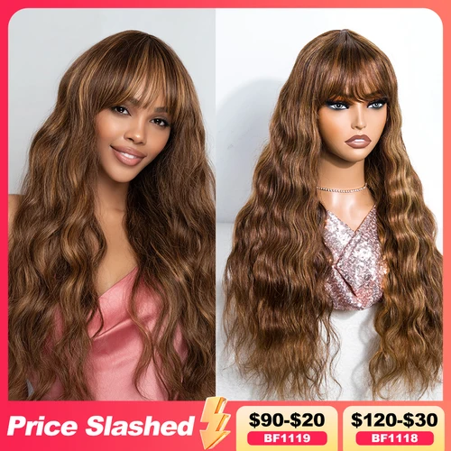 Resaltar el cuerpo marrón peluca con flequillo pelucas de cabello humano 180% densidad cabello humano virgen brasileño sin pegamento Wear And Go pelucas onduladas del cuerpo
