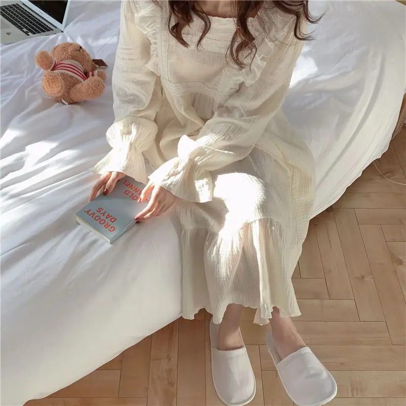 Lace Women Nightgown Korean Style Sleepwear Long Sleeve Night Dress Autumn Solid One Piece Pajamas Home Sleeping Wears New In