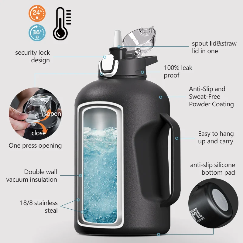 1500ml/2000ml Insulated Water Bottle Stainless Steel Double Wall Vacuum Sport Bottle with Straw and Handle for Gym