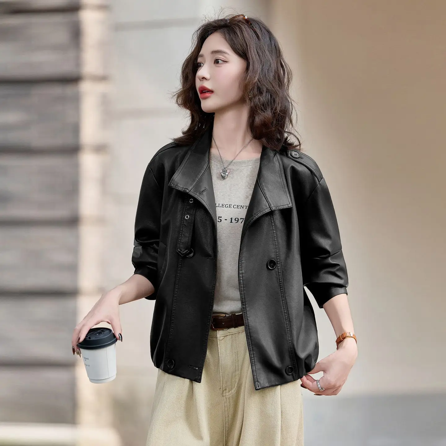 Retro sle feminino ort jaet primavera outono coreano solto casual retro casaco de couro do plutônio na moda fechamento com zíper longo sve