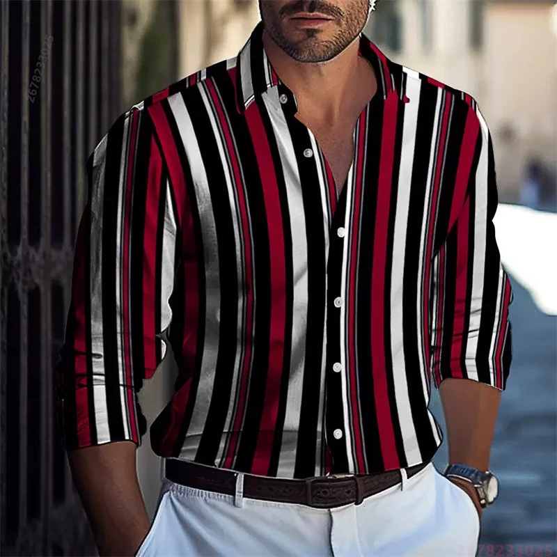 2026 New Style Red, Black, and White Striped Long-Sleeve Shirt for Men, Stylish Slim Fit Lapel Cardigan Casual Top, Sizes XS-6XL