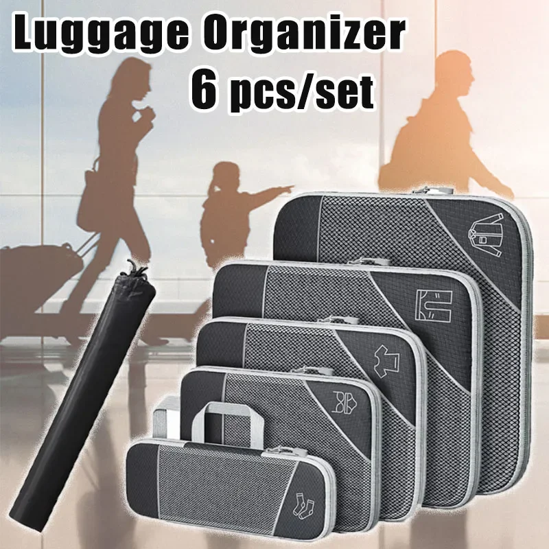 6 pçs conjunto organizador de armazenamento de viagem portátil sacos de armazenamento de roupas leve mala saco de embalagem comprimida cubos sacos de bagagem