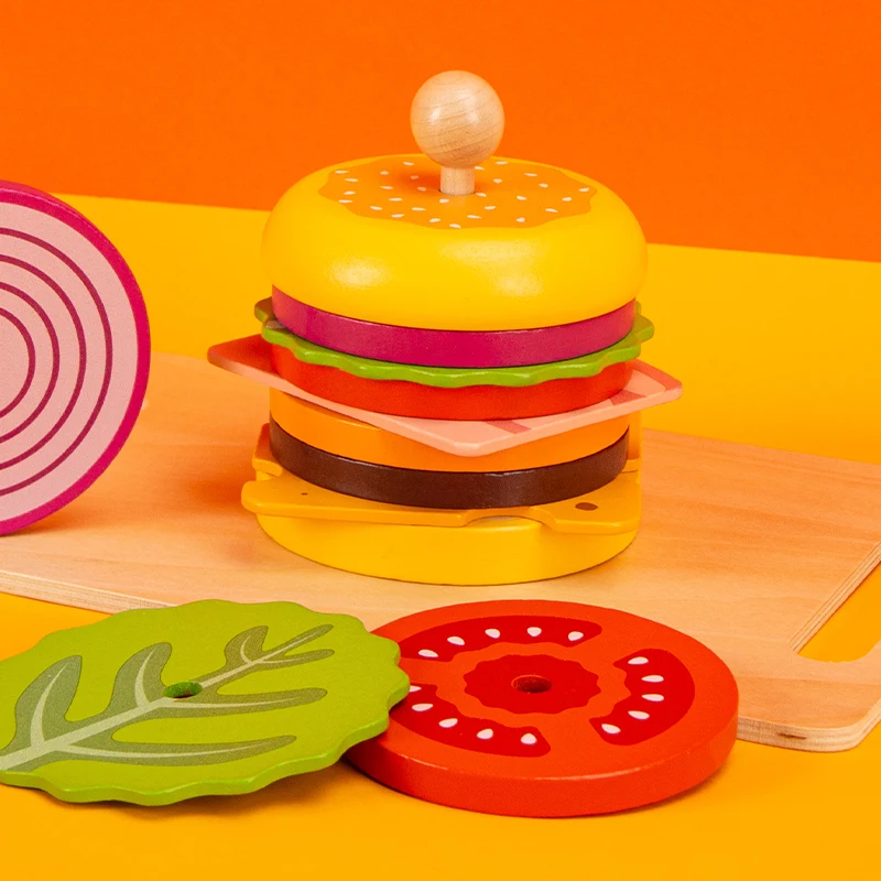 Children Pretend Play Kitchen Wooden Toys Hamburger Sandwich Simulation Food Matching Games Montessori Educational Stacking Toy