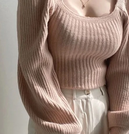 Retro Gestrickte Lange Blase Quadrat Kragen Slim Fit Taille Cinched Farbe Pullover Frauen Frühling Herbst Basis Schicht