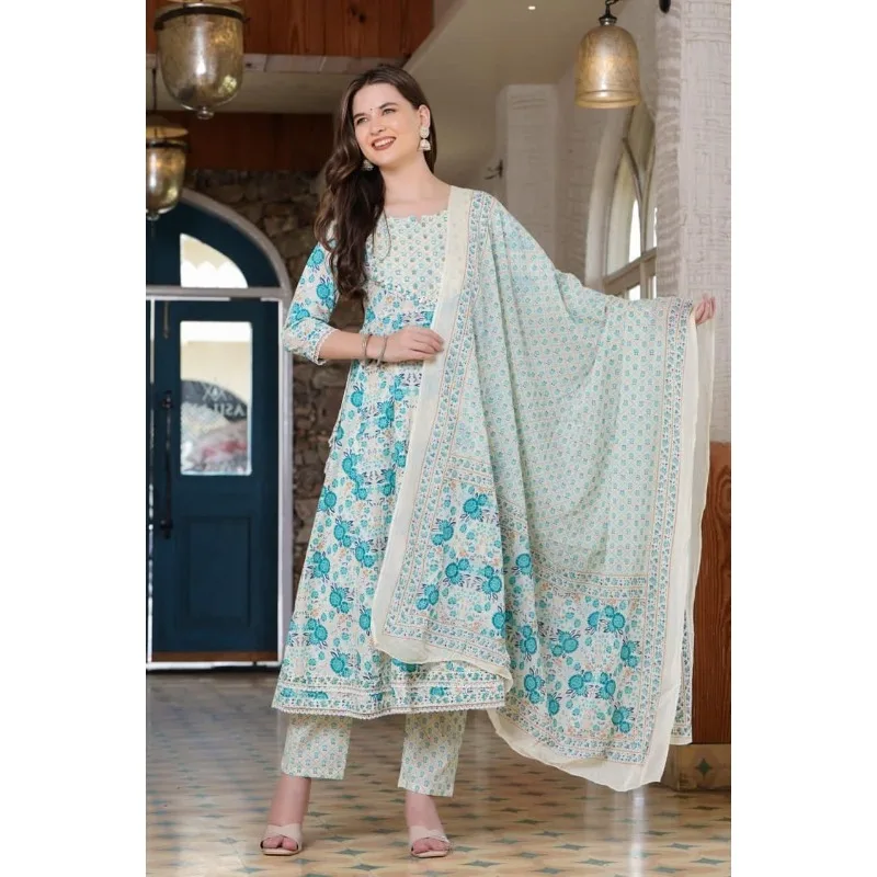 

Fully Stitched Cotton Fabric Anarkali Long Printed Salwar Kurti Pant & Dupatta