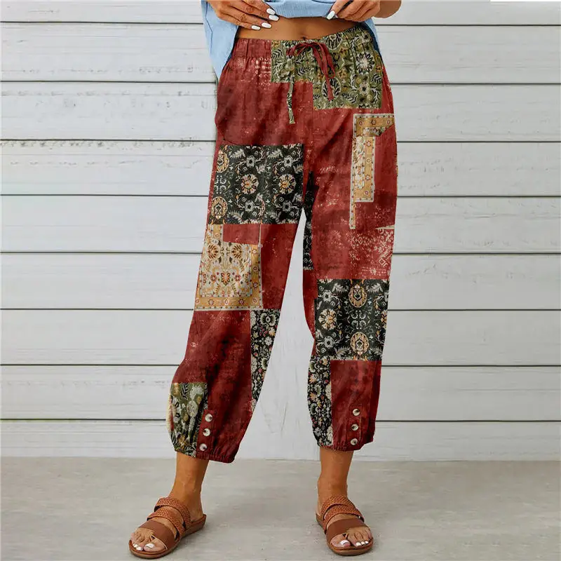 Dameskleding Retro Boho Print Katoenen Linnen Enkellange Harembroek Y 2K Zomer Casual Hoge Taille Trekkoord Broek Pantalones