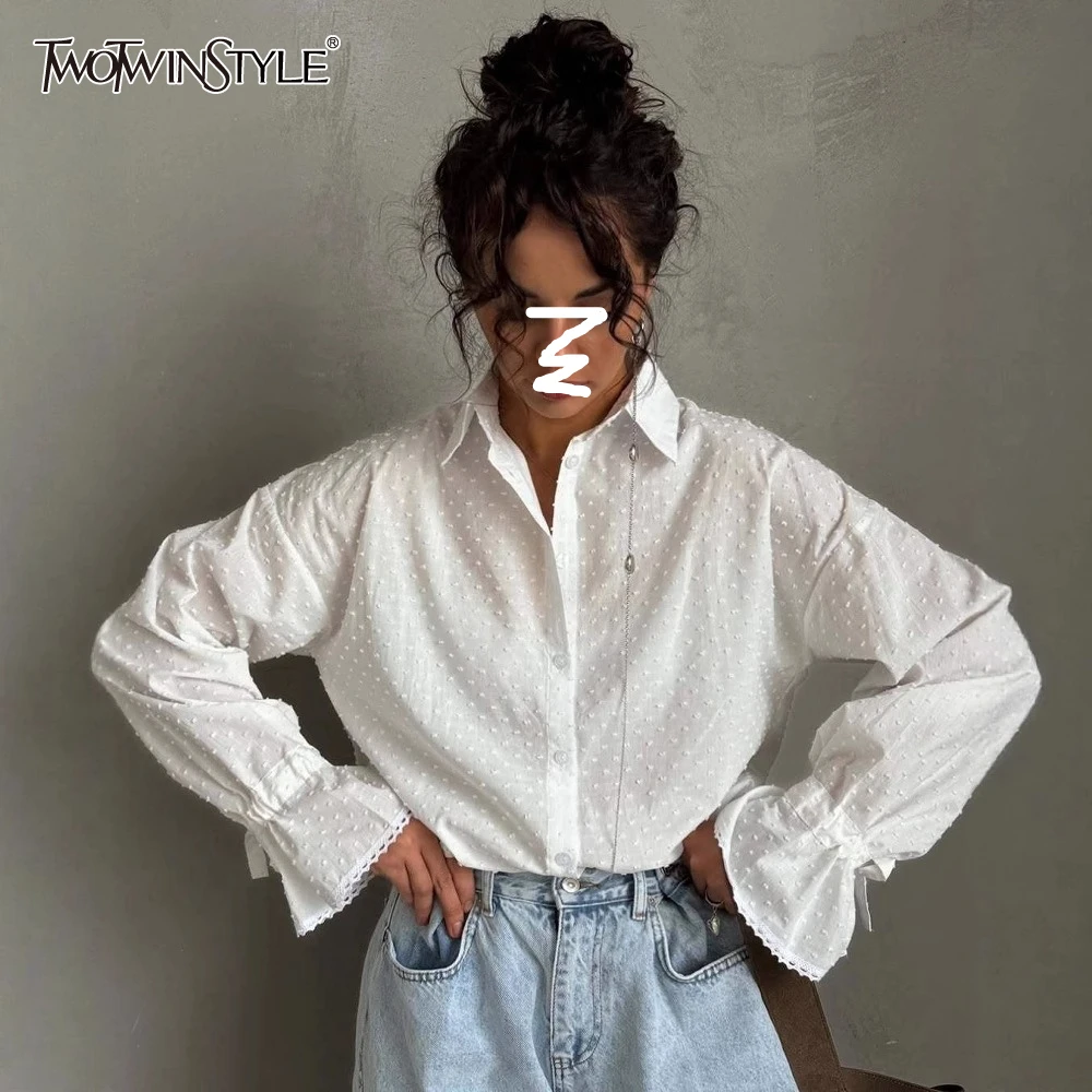 

TWOTWINSTYLE Elegant Patchwork Lace Up Blouses for Women Lapel Long Sleeve Temperament Fashionable Shirt Female Autumn New Trend