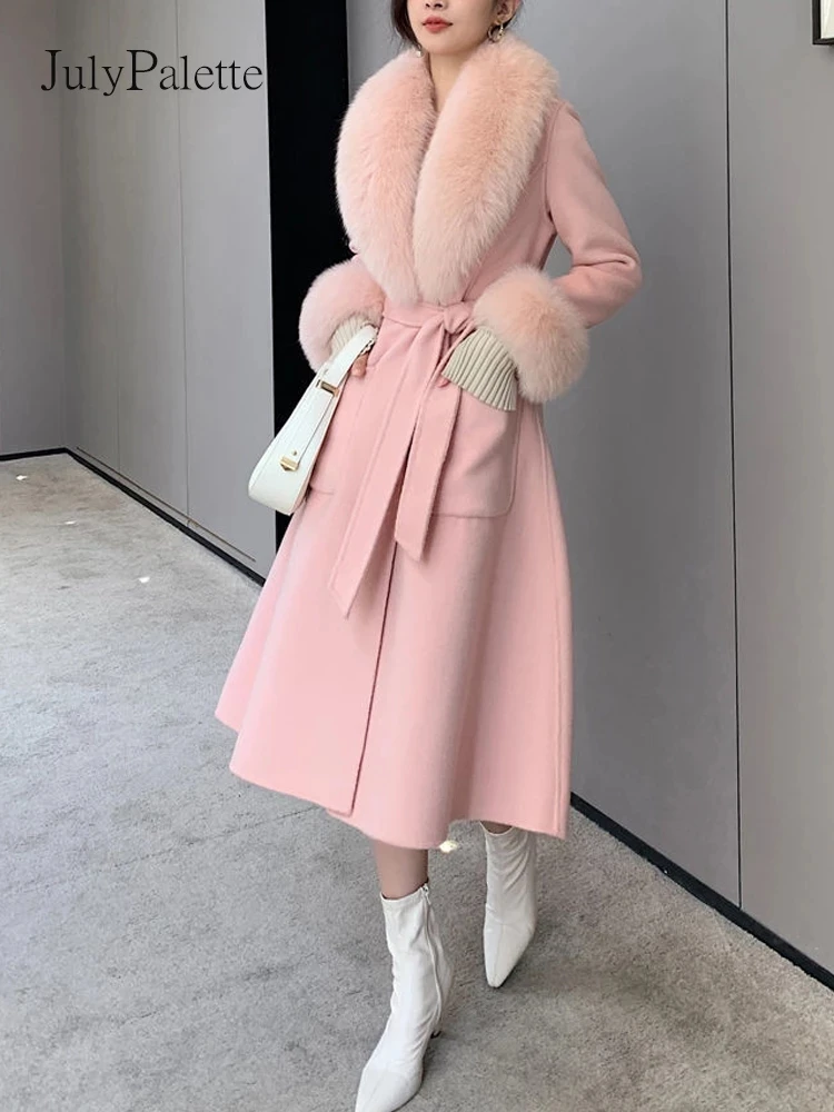 Julypalette White Fox Big Fur Collar Wool Coats Women Natural Fox Fur Coat Winter Warm Midi Length Office Lady Cashmere Outwear