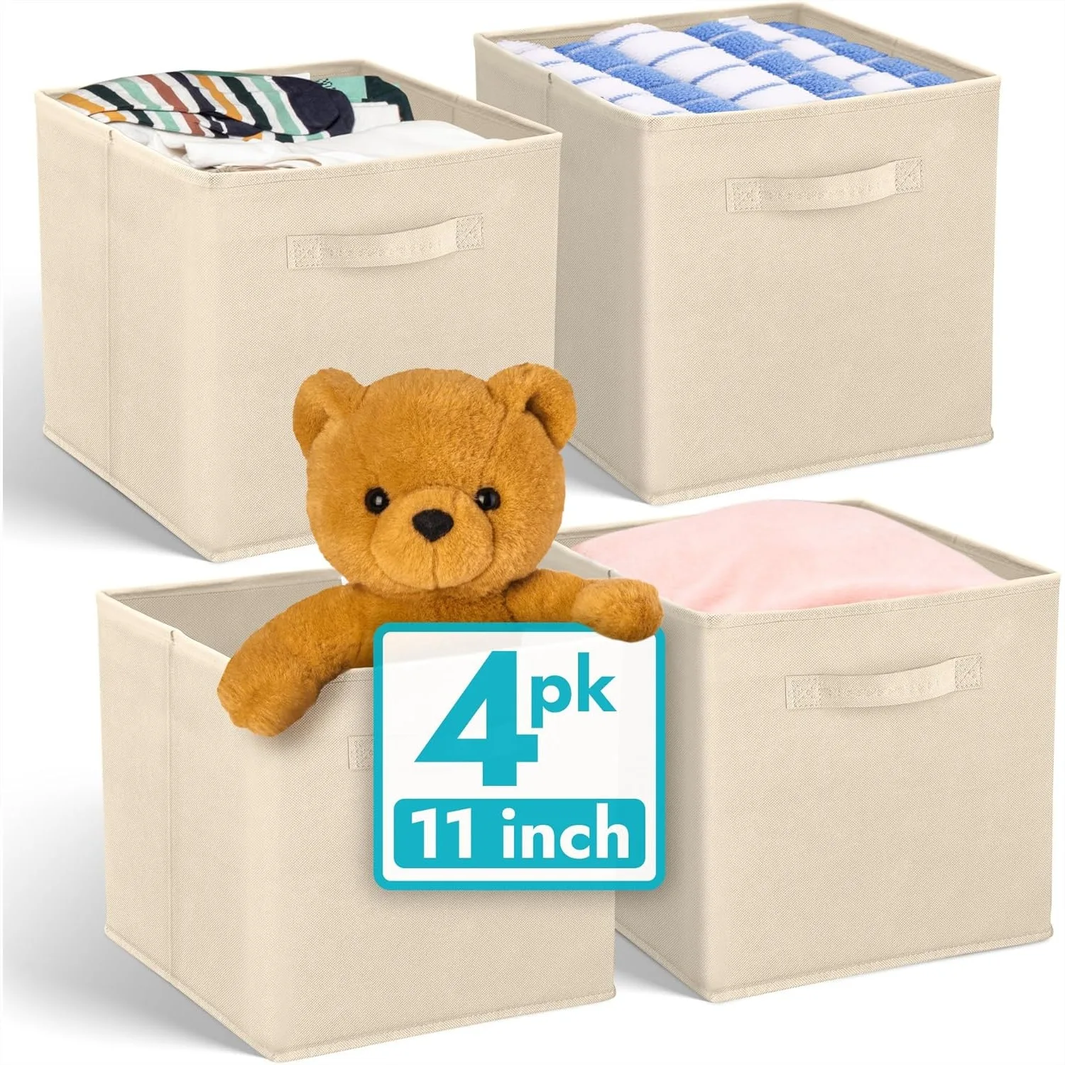 

Набор из 4 складных тканевых коробок-органайзеров для хранения (11 дюймов) — для организации детской комнаты, бежевый цвет