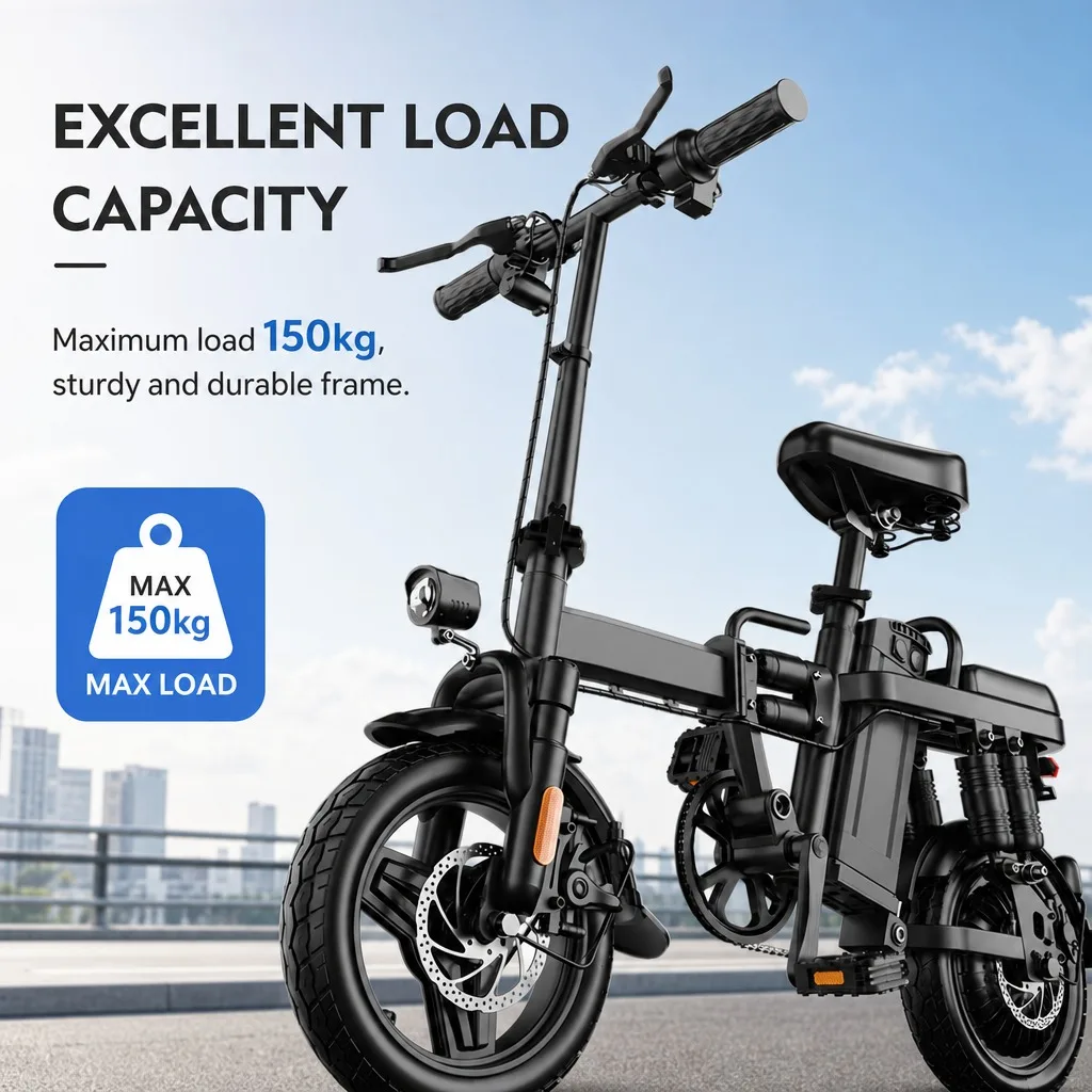 14" Folding Electric Bike 500W Motor 48V 15Ah Battery - 43km/h Top Speed & 60km Long Range, Dual Disc Brakes, 150kg Max Load, Portable Lightweight E-Bicycle with Basket & Fenders for Adult Commuting image 8