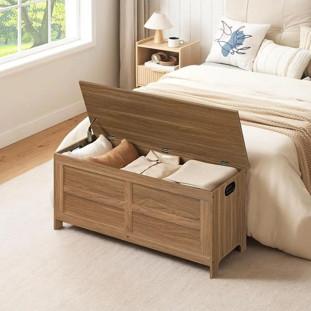 صندوق تخزين كبير باللون البني العسلي، صندوق ألعاب 39.4، مقعد مدخل مع أمان مفصلية، أثاث غرفة المعيشة