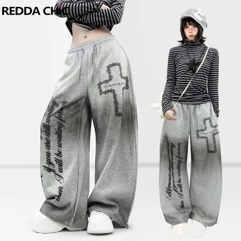 REDDACHiC Drawstring Gray Sweatpants & Top Star Patched Striped Long Sleeve Tee Graphic Parachute Pants Joggers Women Streetwear