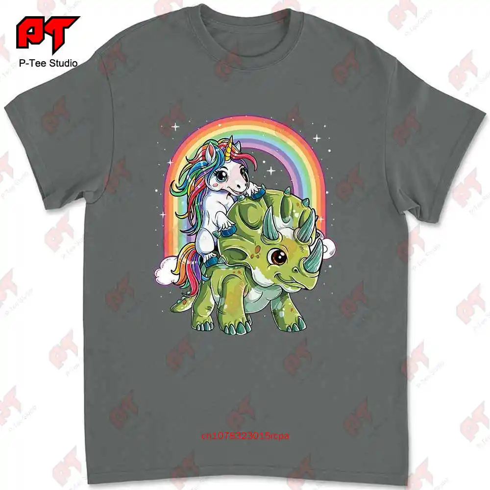 Unicorn Riding Dinosaur Triceratops Rainbow T-shirt JW3K image 5