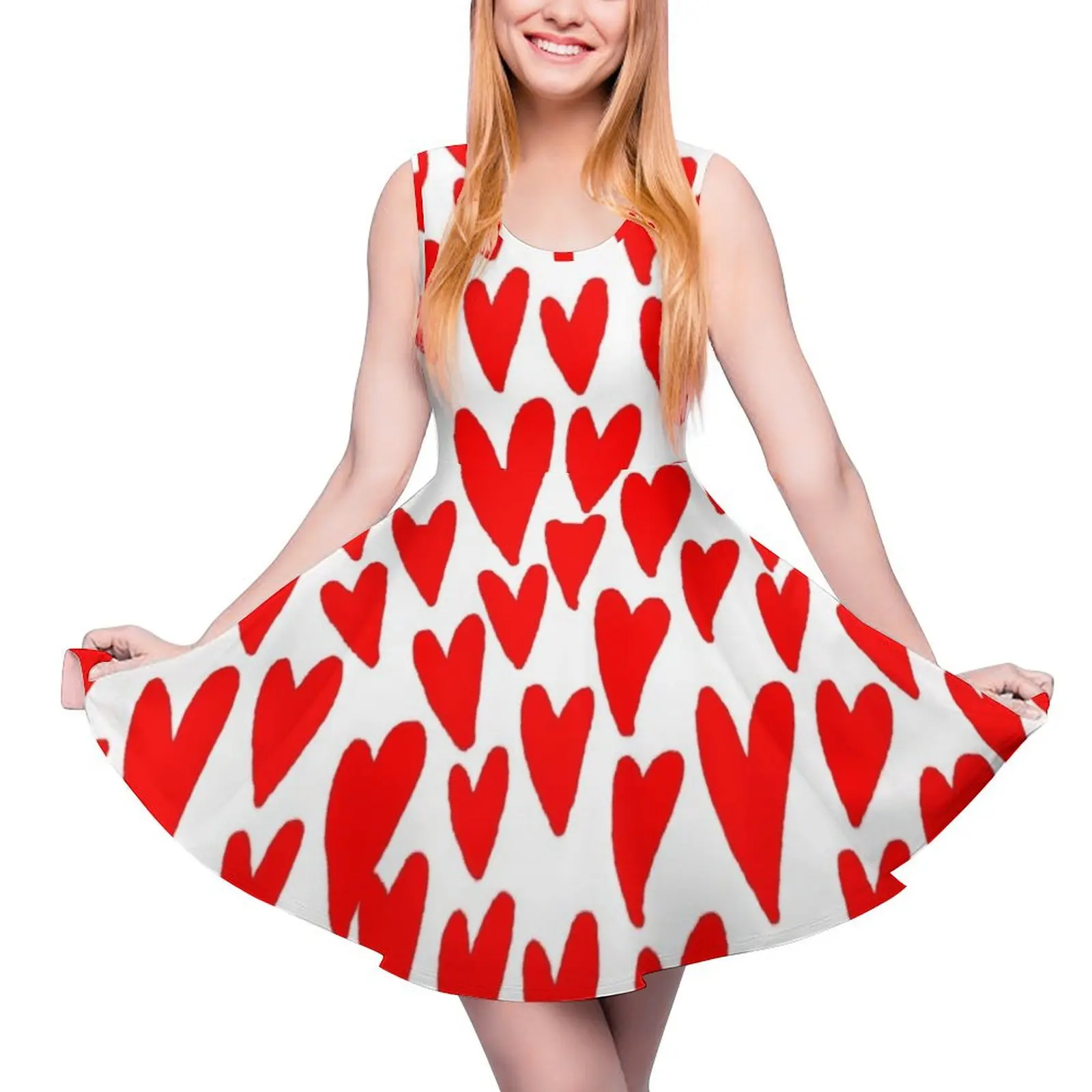 

Hearts red and white love valentines day heart pattern minimal Sleeveless Dress women dresses long dresses for women