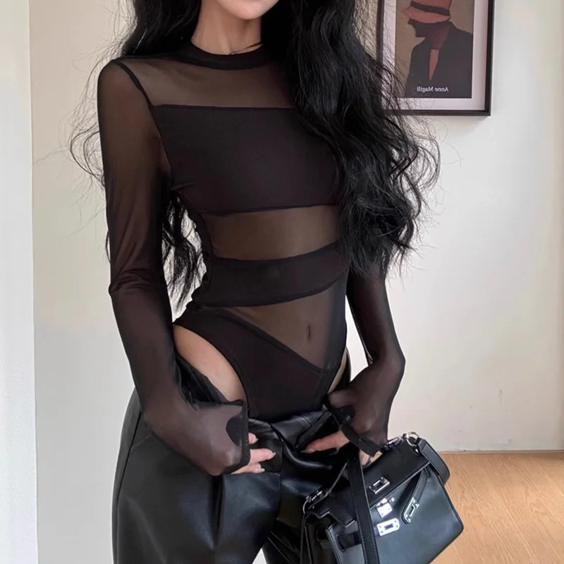 Sexy Perspektive Y2k Kleidung Aushöhlen Bodys Mesh Sheer Top Frauen Langarm Patchwork Body Schwarz – Detail 7